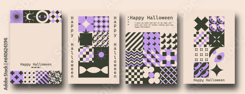 Vector set of Bauhaus Inspired Halloween posters. Geometric minimalist modern brutalist bold shapes and primitive swiss blocks style. Trendy groovy hippie retro Y2k aesthetic.