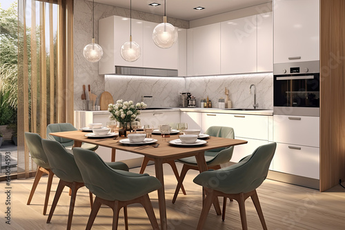 Bright kitchen with wooden dining table. Modern kitchen interior. Generative AI