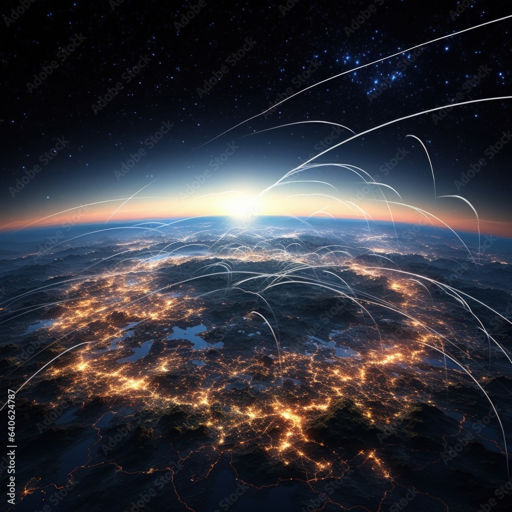 Network of connections over the planet Earth in space. 3D rendering. 