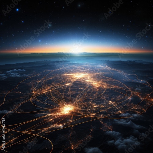 Network of connections over the planet Earth in space. 3D rendering. 