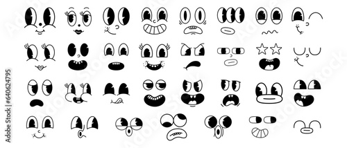 Set of groovy comic faces in trendy retro 70s cartoon style. Traditional mascot emotions. Isolated illustration