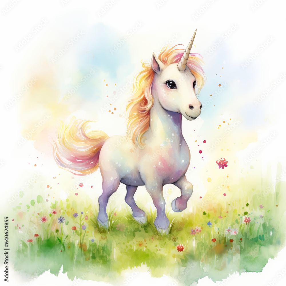Magisches Einhorn: Wasserfarbenzeichnung eines fröhlichen Regenbogen