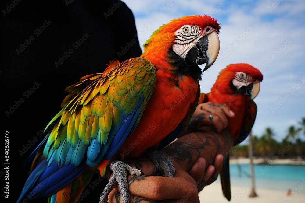 Colorful embrace Man's arm adorned with two vibrant macaw parrots creates an enchanting scene