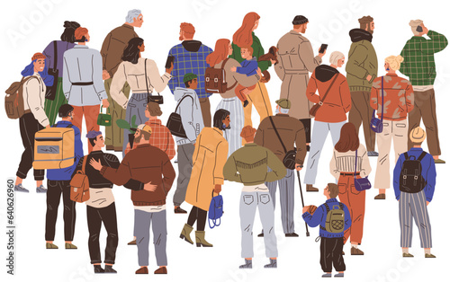 Big queue. Many multitude people. Vector illustration. The queue group at back occasionally shuffled forward, inching closer to front The crowd queuing for movie premiere braved cold weather