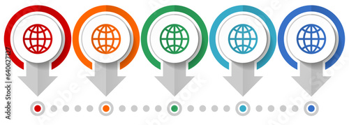 Globe, earth, world vector icon set, flat design infographic template, set pointer concept icons in 5 color options for webdesign and mobile applications