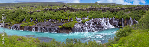 Landmark famous Iceland, Hraunfossar and Barnafoss waterfalls near Reykjavik.
