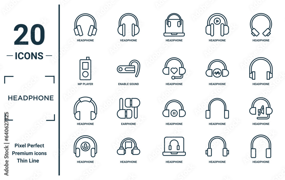 headphone linear icon set. includes thin line headphone, mp player