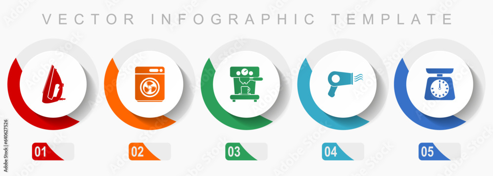 Household appliances icon set, miscellaneous icons such as iron, dryer, coffee maker adn kitchen scale, flat design vector infographic template, web buttons in 5 color options
