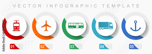 Transport icon set, miscellaneous icons such as train, plane, bus, truck and anchor, flat design vector infographic template, web buttons in 5 color options