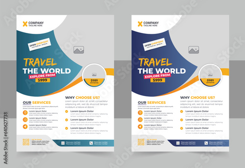 Modern business flyer design and brochure cover page template layout for travel agency