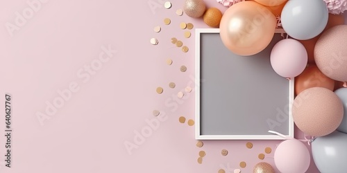 birthday invitation card mockup. Flat lay, top view, copy space