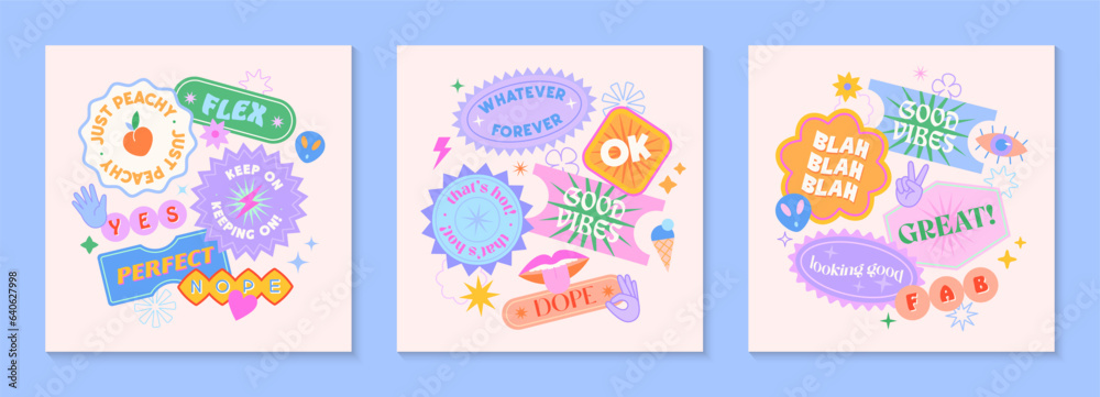 Vector set of cute templates with patches and stickers in 90s style.Modern symbols in y2k aesthetic with text.Trendy funky designs for banners,social media marketing,branding,packaging,covers