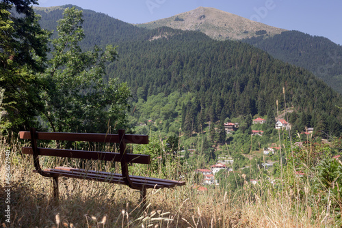 Panoramic view of mountains, bench, spruce forest and village