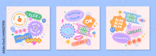 Vector set of cute templates with patches and stickers in 90s style.Modern symbols in y2k aesthetic with text.Trendy funky designs for banners social media marketing branding packaging covers