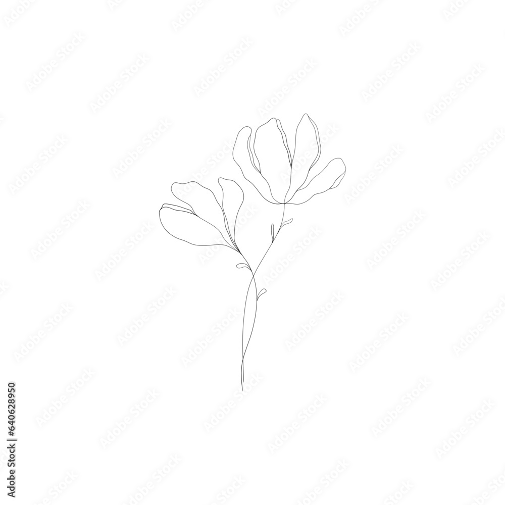 Minimalist linear flower branch. Small floral ornamental element, tiny fine line botanical leaves, tattoo sketch. Vector art