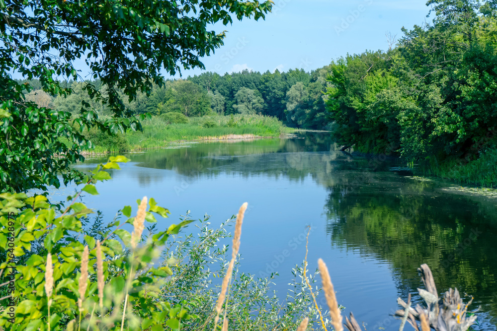 Sula river on sunny day in Poltava region. Summer ukrainian landscape.
