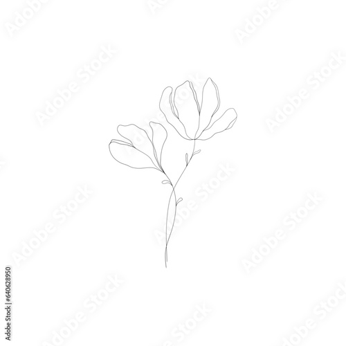 Minimalist linear flower branch. Small floral ornamental element  tiny fine line botanical leaves  tattoo sketch. Vector art