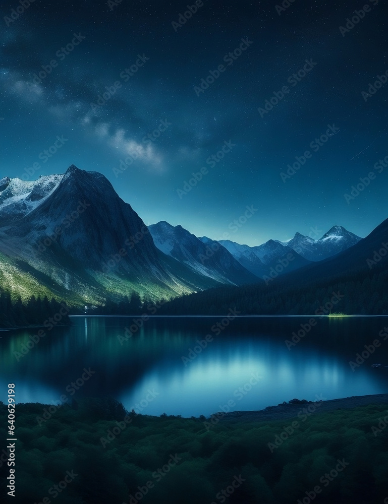 Landscape night view mountains
and sky full of stars
