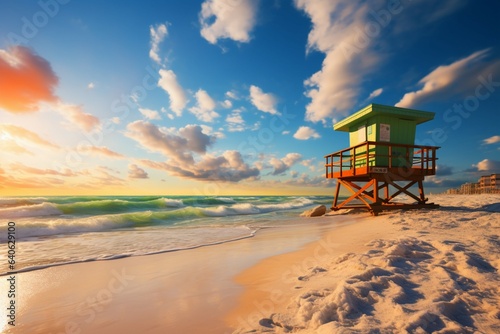 Sunrise embrace Miami s South Beach with lifeguard tower  vibrant clouds  and blue skies