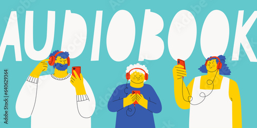 Cute characters man, woman and teenager are listening to an audiobook in headphones. Vector horizontal banner.