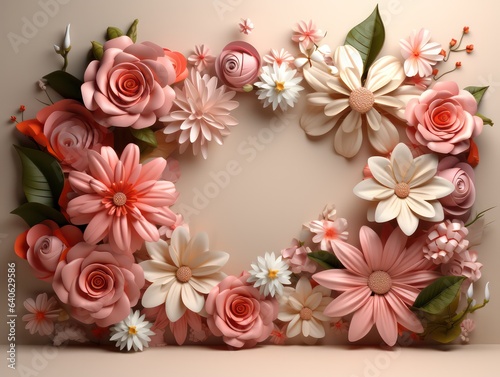3d rendering, floral frame with pink and white flowers on cream background. 