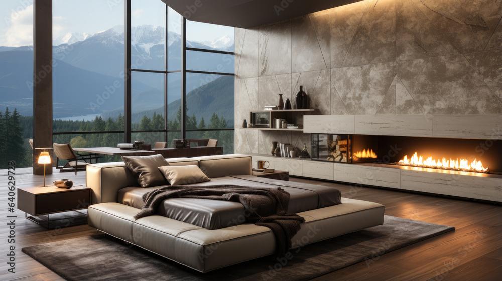 Fototapeta premium Generative ai illustration of Bedroom interior against concrete wall