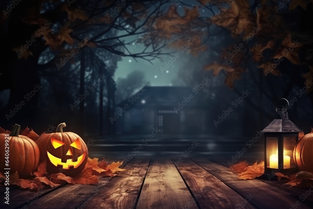 Halloween theme on wooden desk with copy space. thanksgiving. Generative AI Halloween theme on wooden desk with copy space. thanksgiving. Generative AI