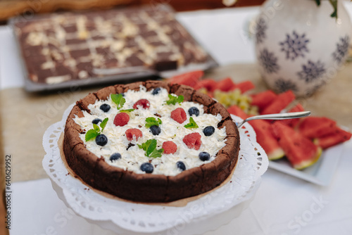 Delicious homemade cakes and desserts at a wedding buffet