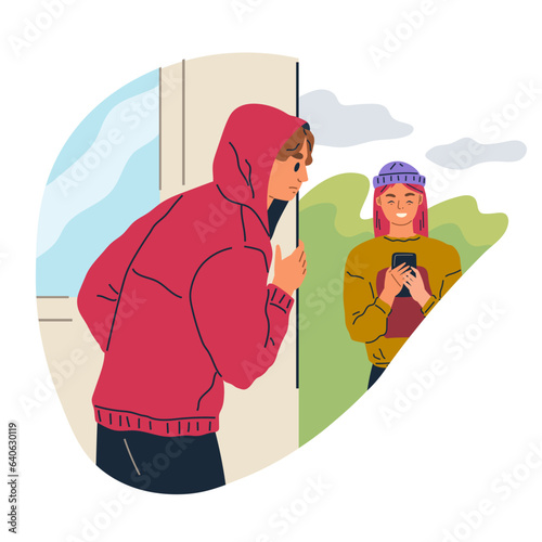 Spying, observing and sneaking. Vector illustration. Looking out, vigil against unforeseen circumstances Peeking person, cautious observer operating from shadows Spy, figure veiled in art of stealth