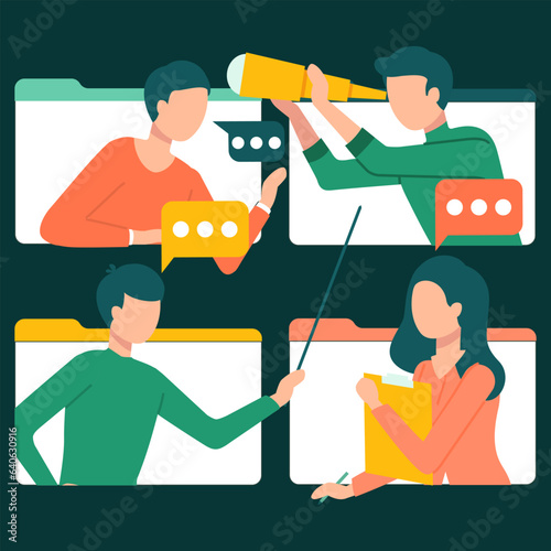People on screen communicate, look for information and interlocutor, study online. Talk bubble speech and computer monitor icon. Chat online template. Social media communication, comment section