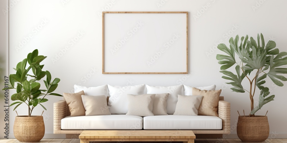 AI Generated. AI Generative. Cozy home mockup wall living room decoration frame background with plants and sofa. Can be used for graphic design or web design template AI Generated. AI Generative. Cozy home mockup wall living room decoration frame background with plants and sofa. Can be used for graphic design or web design template