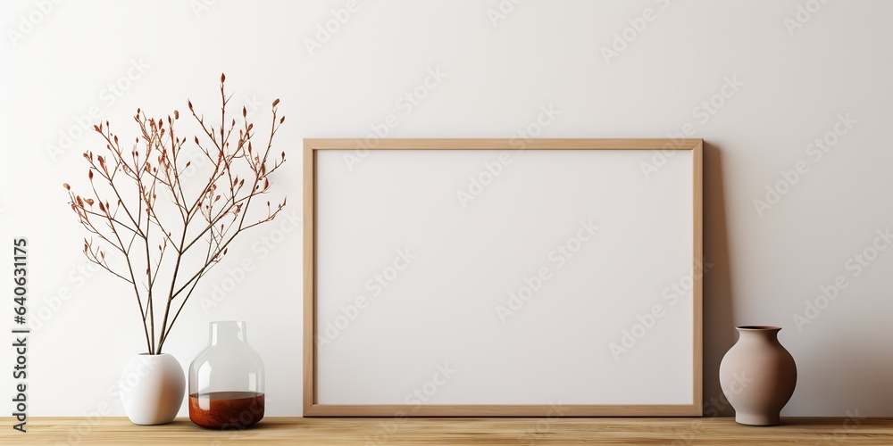 Obraz premium AI Generated. AI Generative. Cozy home mockup wall living room decoration frame background with plants and sofa. Can be used for graphic design or web design template