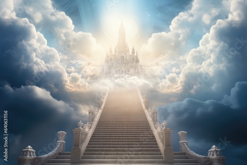 Fotografia Stairs leading to the sky with cloud and heaven city