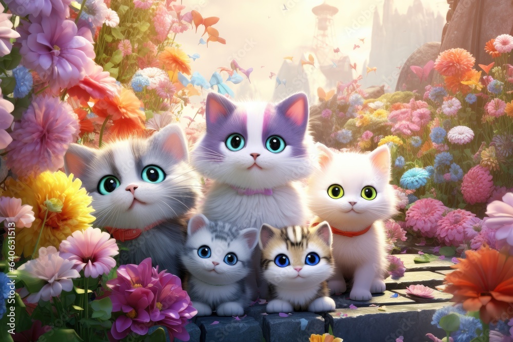 Fototapeta premium Adorable domestic cats amidst colorful flowers