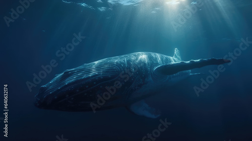 Beautiful whale underwater in the wild. Underwater world and life  concept. The whale swims in the clear ocean underwater.