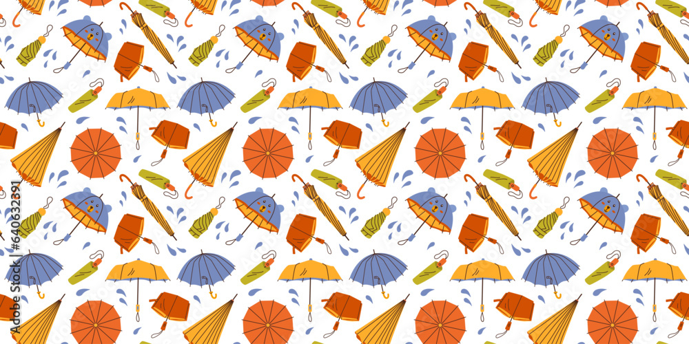 Seamless pattern with hand drawn bright different umbrellas and rain drops on white background in flat cartoon style. For background, packaging, textile