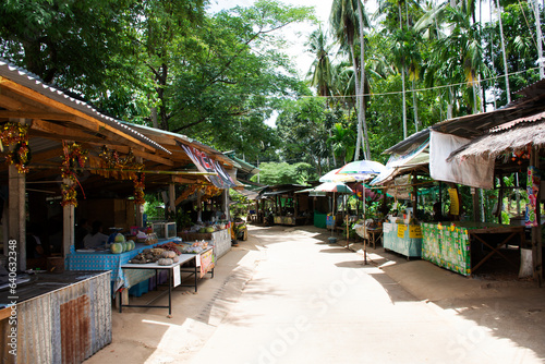 Hawker stall traditional thai people sale local products food in street bazaar market for travelers travel visit eat drink in Baan Sanum or Sanam at Ban Rai on August 24, 2023 in Uthai Thani, Thailand