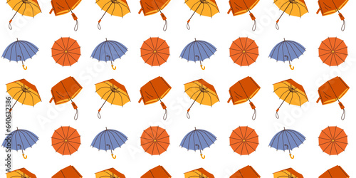 Seamless pattern with hand drawn blue red yellow umbrellas on white background in flat cartoon style. For background, packaging, textile