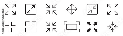 Maximize arrow icon, two arrows expand icons, resize zoom scale icon vector set.