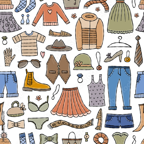 Fashion clothes set. Garment, accessory for men, women. Different apparel collection. Modern casual dress, pants, jacket, shoes and bags. Seamless pattern background for your design. Vector