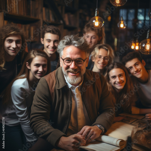 modern professor with gray hair is surrounded by his students, ai generated