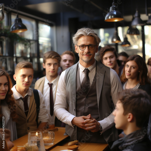 modern professor with gray hair is surrounded by his students, ai generated