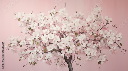  a painting of a tree with white flowers on a pink background. generative ai
