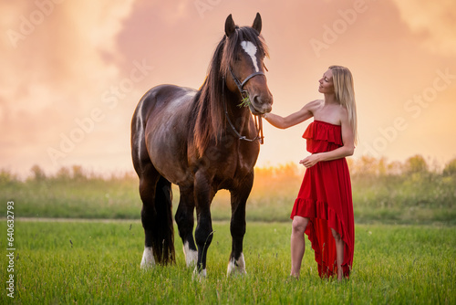 A young woman in a red dress walks with a horse in a field at sunset © Maria Moroz
