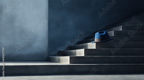 a blue hat is sitting on a set of stairs in a dark room. generative ai