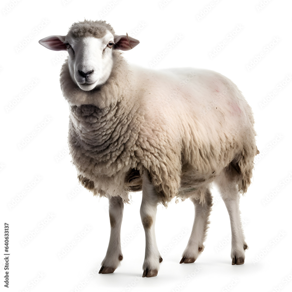 Side view of a Sheep looking at camera against white background.
