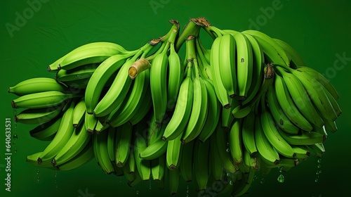  a bunch of green bananas hanging from a green wall with drops of water on them.  generative ai
