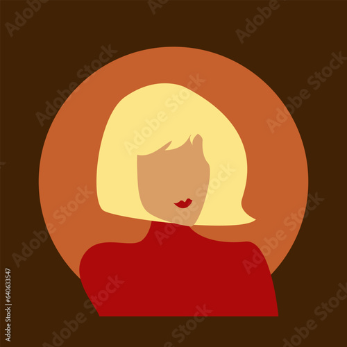 Cartoon woman portrait with blond hair on dark background. Vector illustration fashionable woman in red clothes