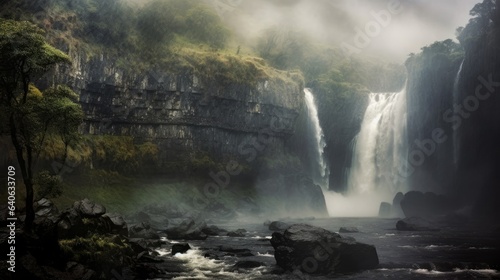 Waterfall  with cascading water and mist creating a mesmerizing sight. AI generated