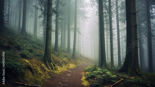 Foggy forest  with trees partially covered in mist  creating a sense of tranquility. AI generated
